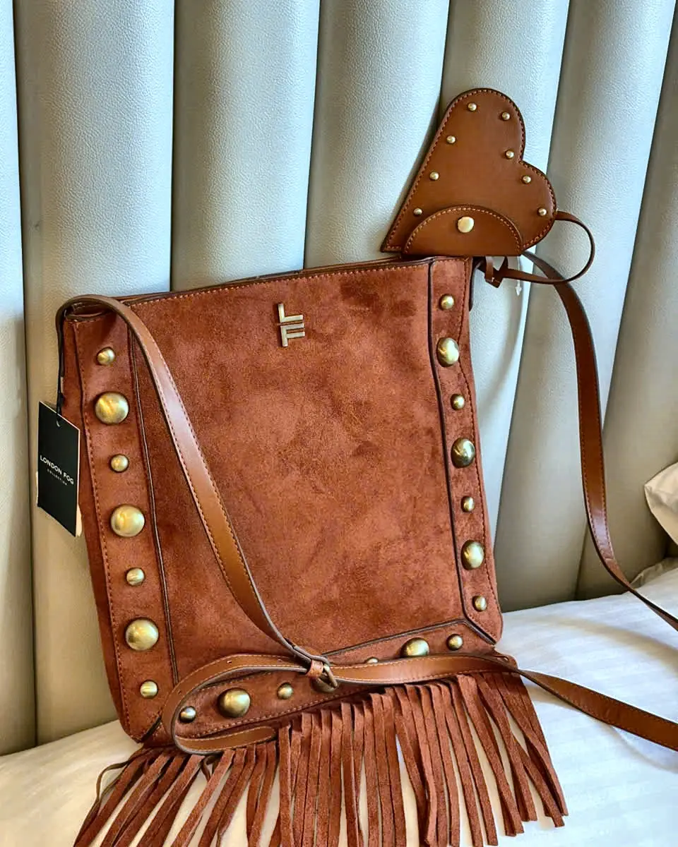 London Fog Fringe Studded Crossbody – Cognac