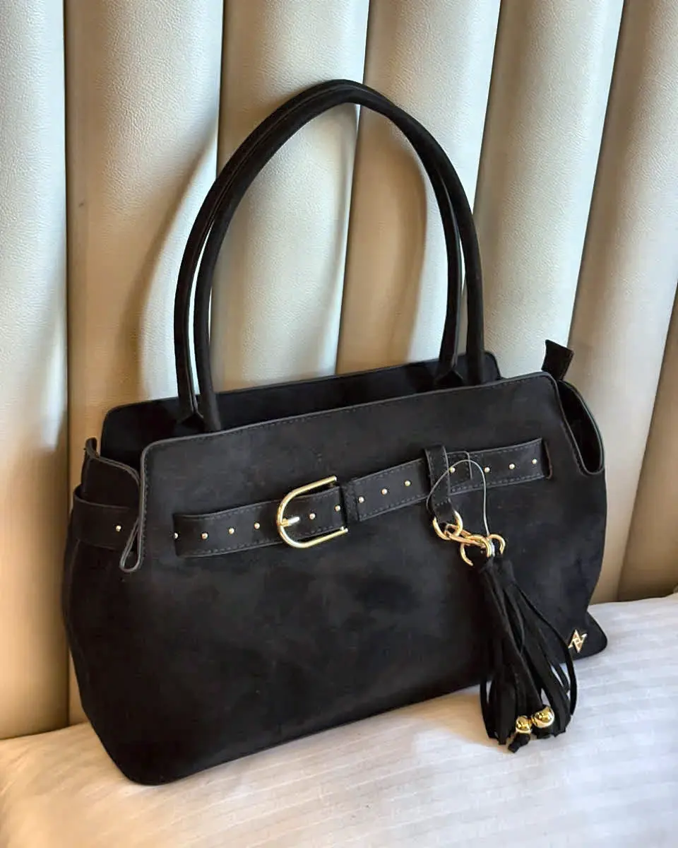 Suede Belted Tote with Tassel – Black